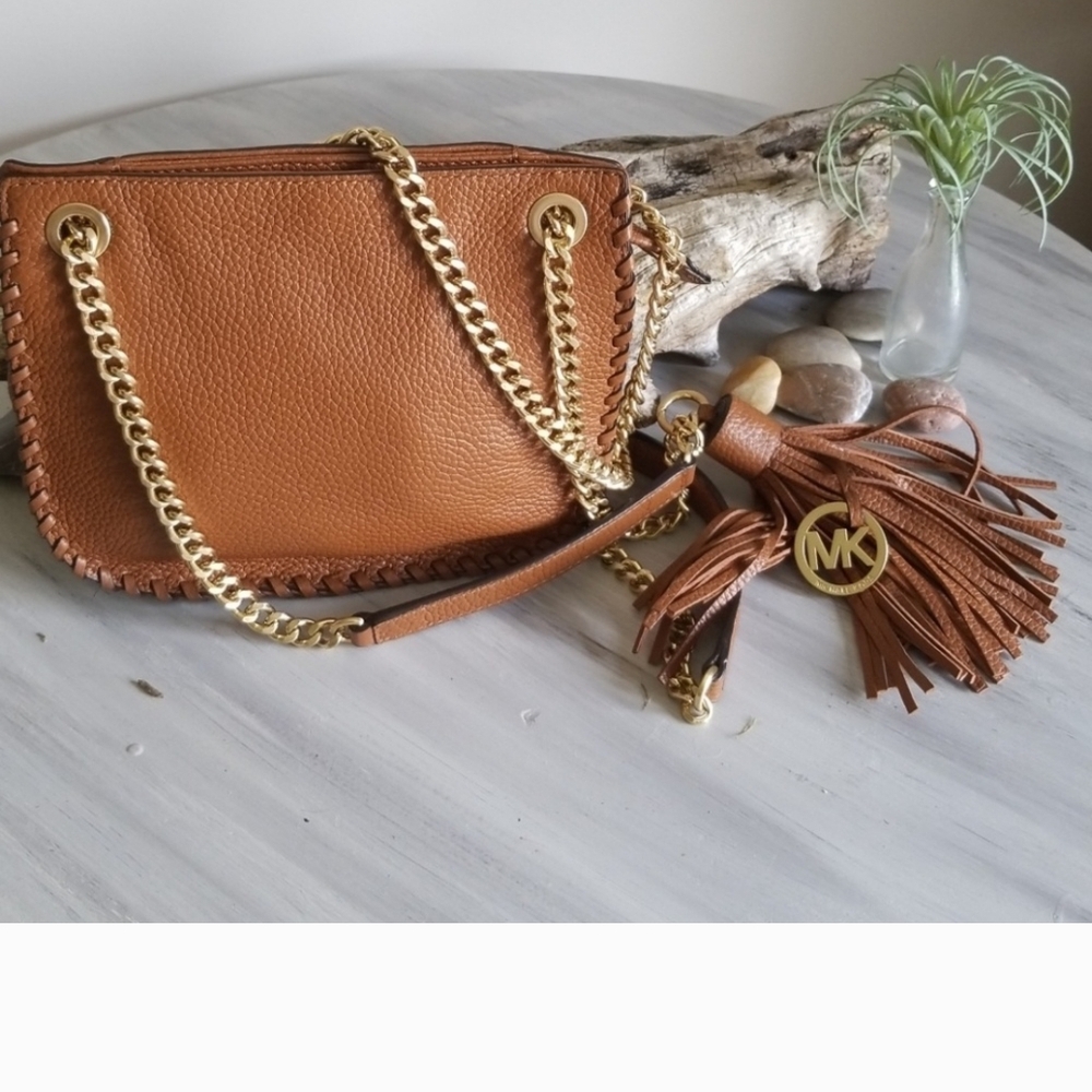 Michael Kors Tan Crossbody Bag with Gold Chain and Tassel